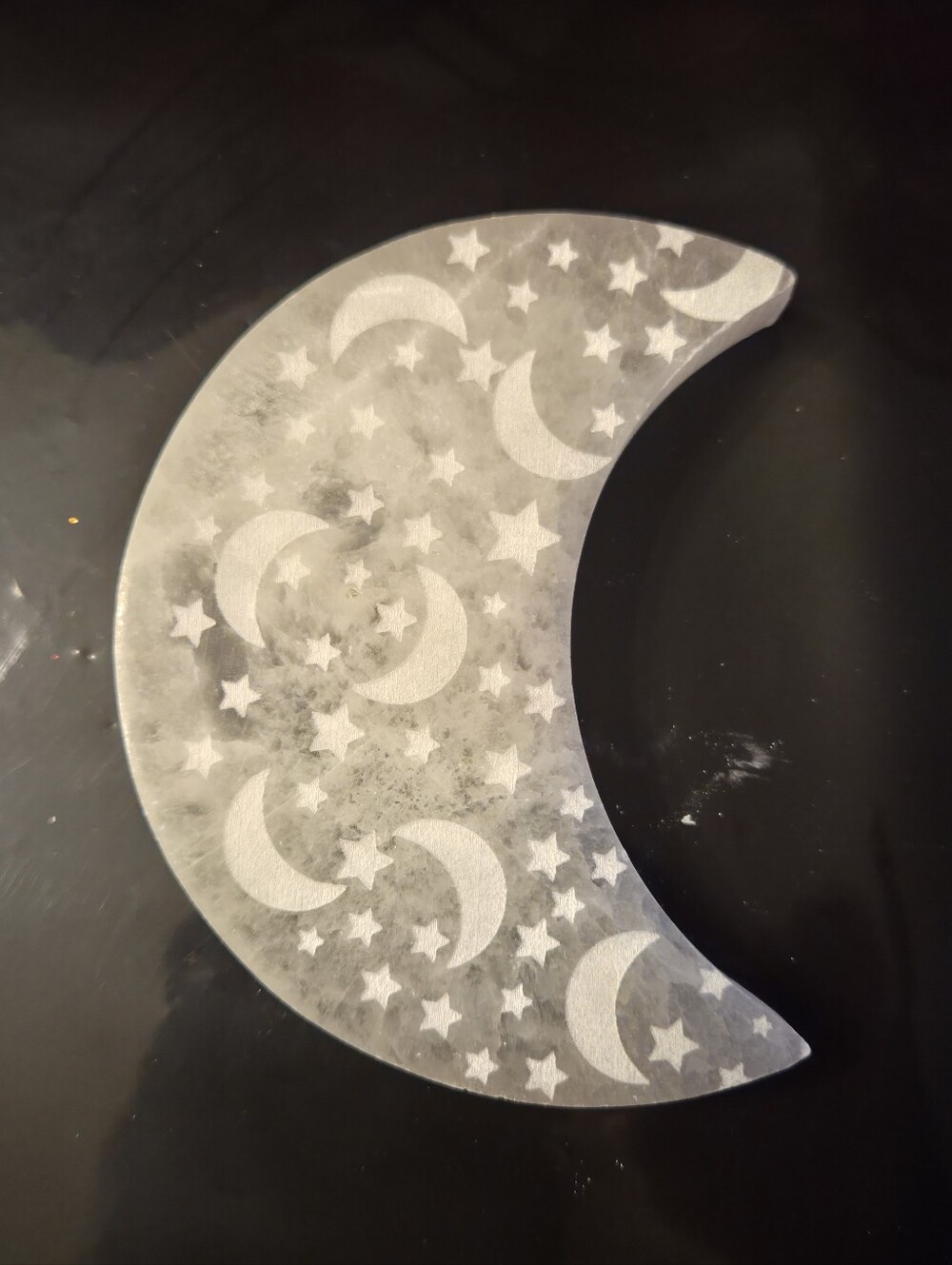 Carved Selenite Crescent Moon Crystal Charging Plate Altar Decor Star Pattern